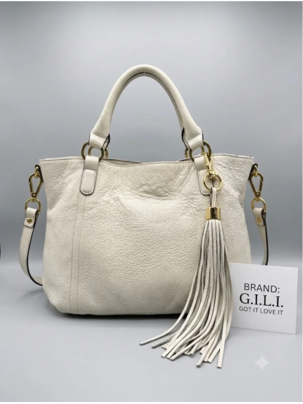 G.I.L.I. Off-White Leather Satchel with Gold Hardware and Leather Tassle